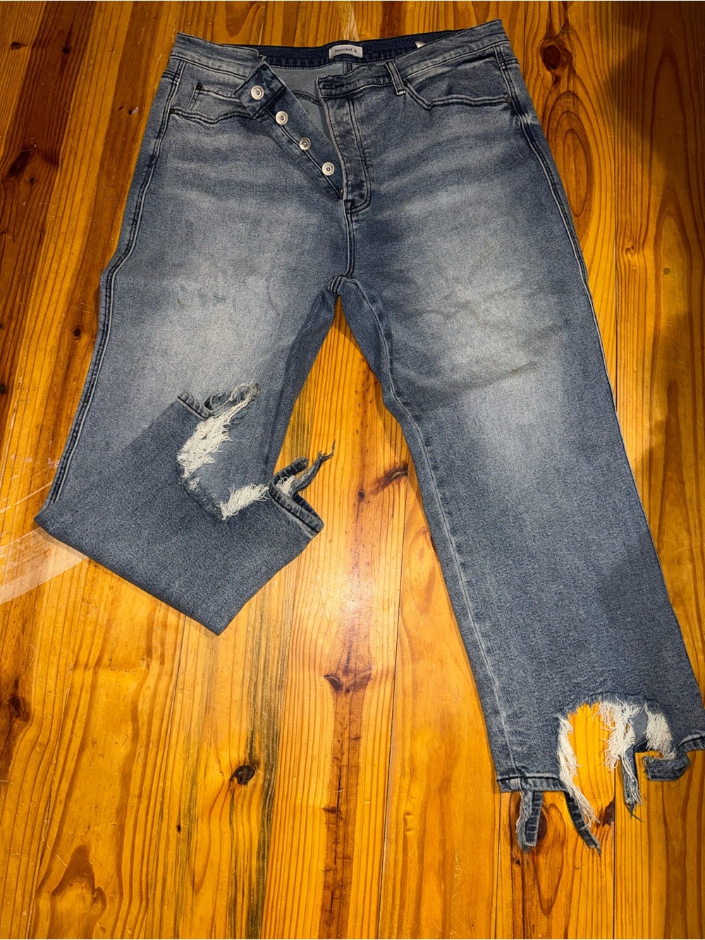 Distressed High-Rise Button-Fly Blue Jeans